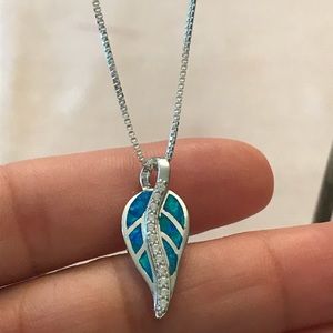 Blue Opal cz leaf Sterling Silver Necklace